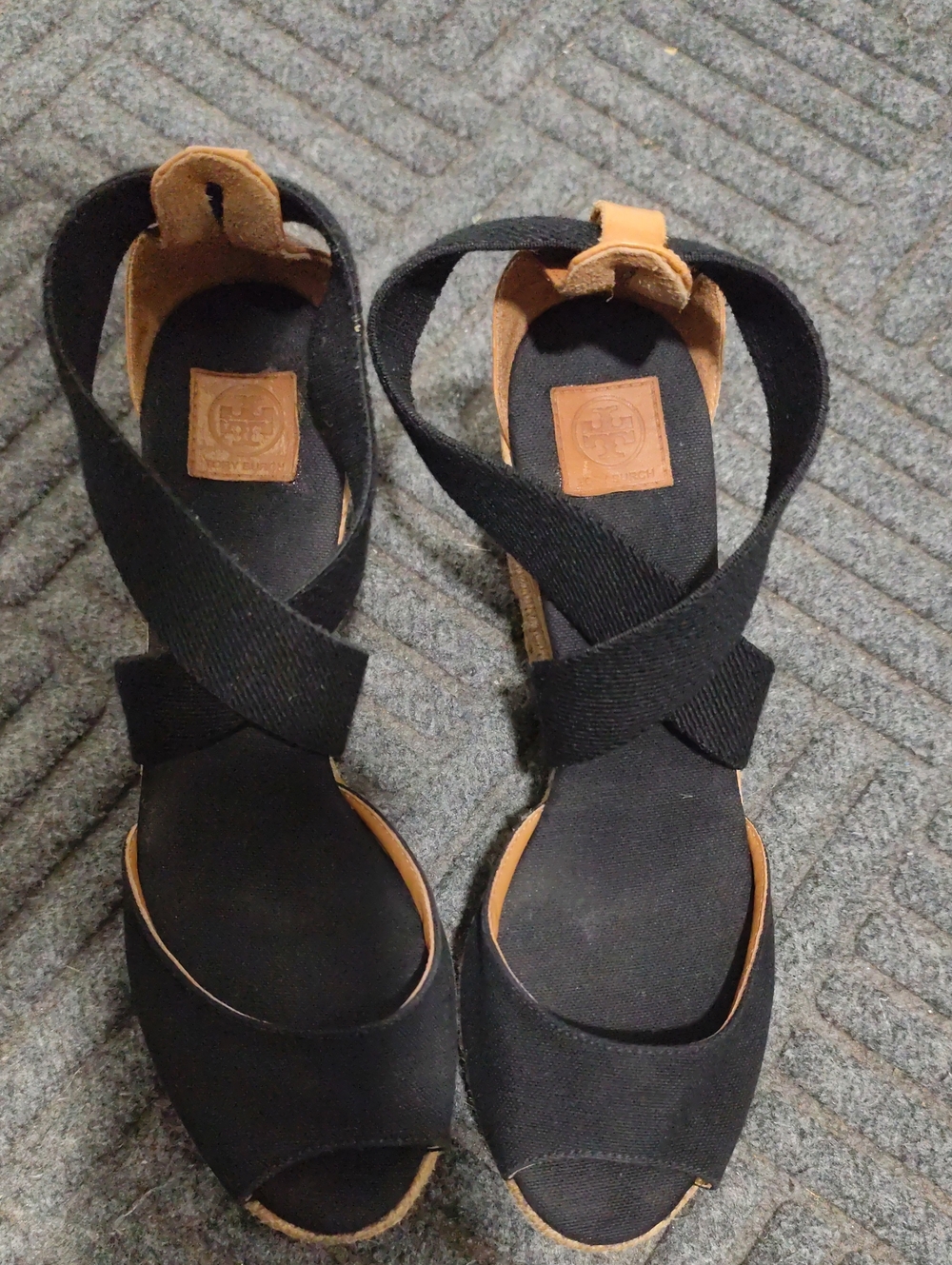 Tory Burch Black Canvas Crisscross Wedge Sandals with Tan Accents
